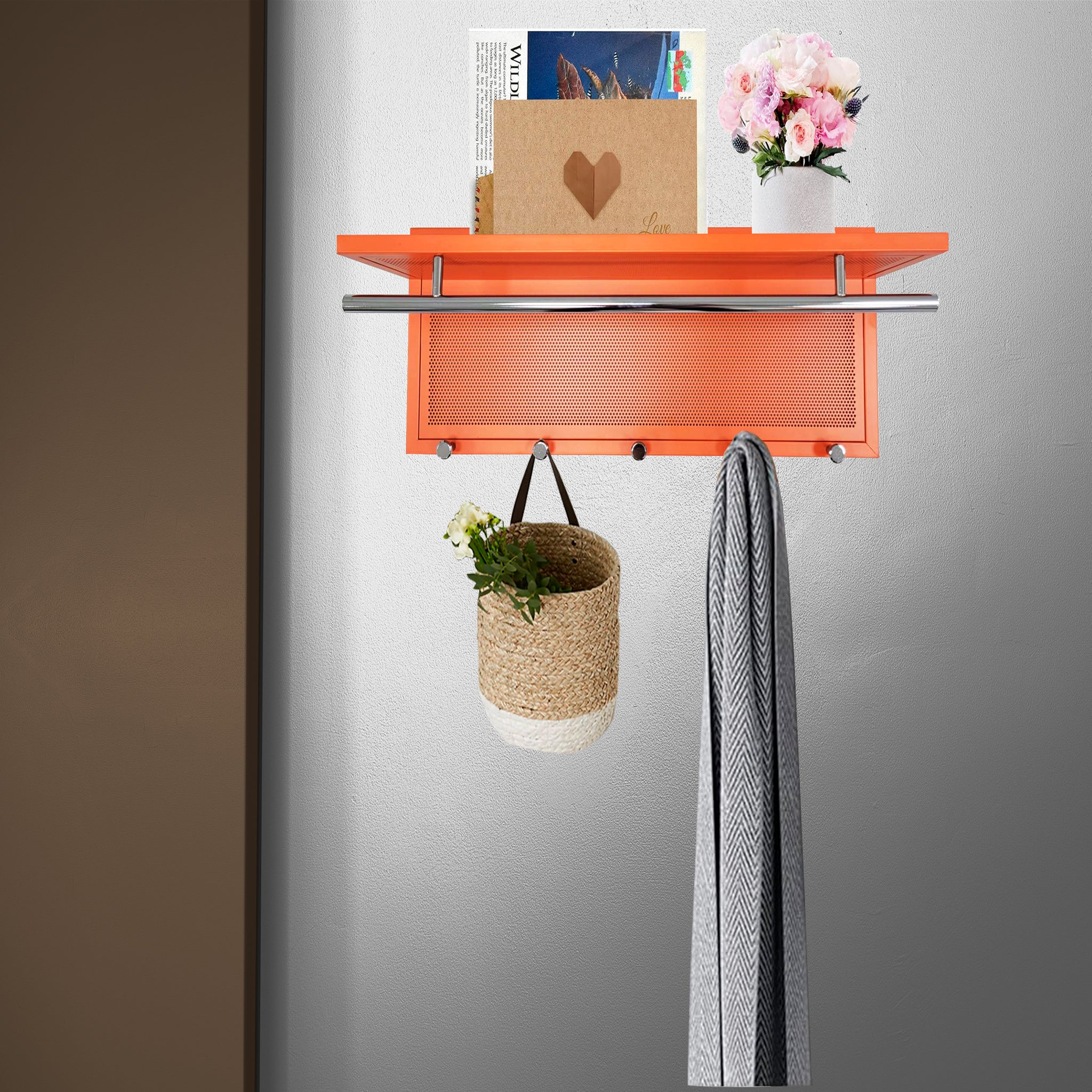Esyspot Metal Powder Coating Hook Wall Mounted With Shelf In Orange Chrome,Orange Bedroom Contemporary Chrome Metal