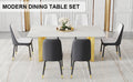 Table And Chair Set.The Table Has A Glass Top With Imitation Marble Pattern Stickers And Stainless Steel Golden Legs. Paried With Chairs With Pu Artificial Leather Backrest Cushions And Black Legs. White Gold Seats 6 Glass Metal