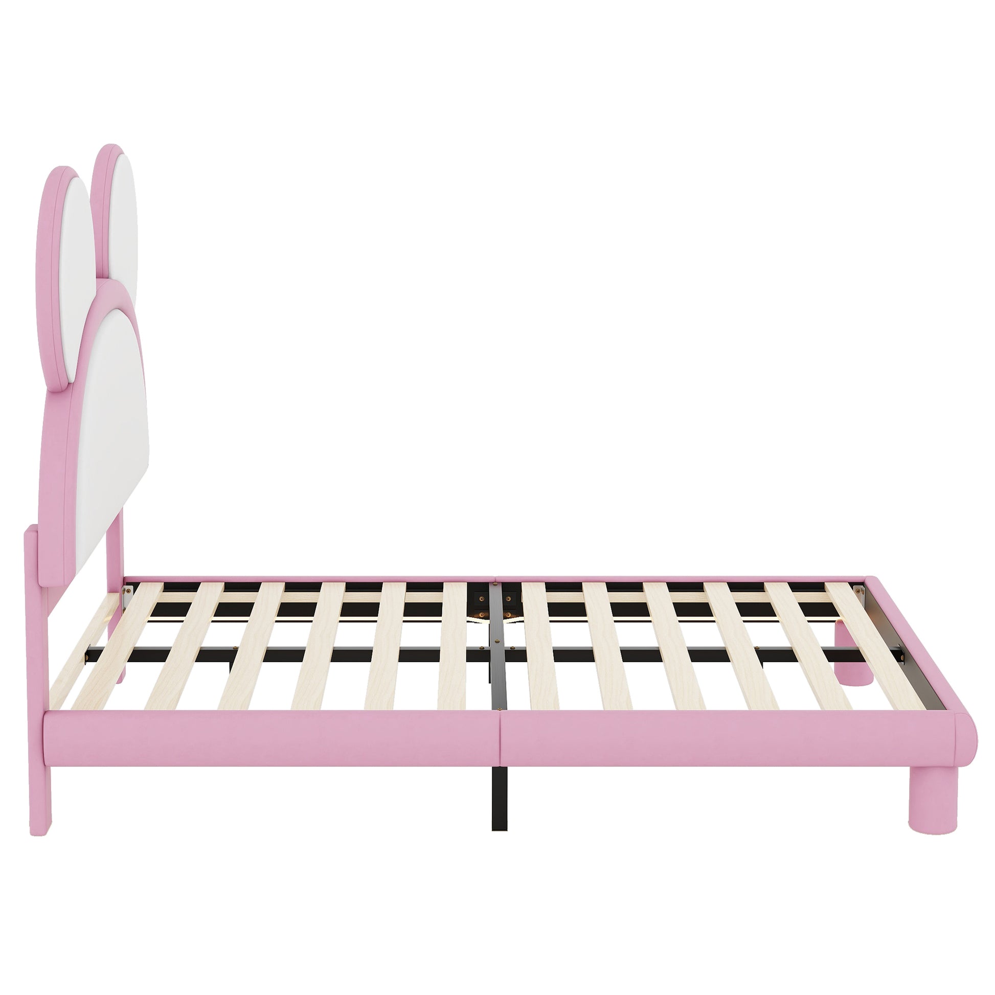 Full Size Upholstered Platform Bed With Cartoon Ears Shaped Headboard And Led, White&Pink Box Spring Not Required Full White Pink Bedroom Bed Frame Faux Leather Upholstered