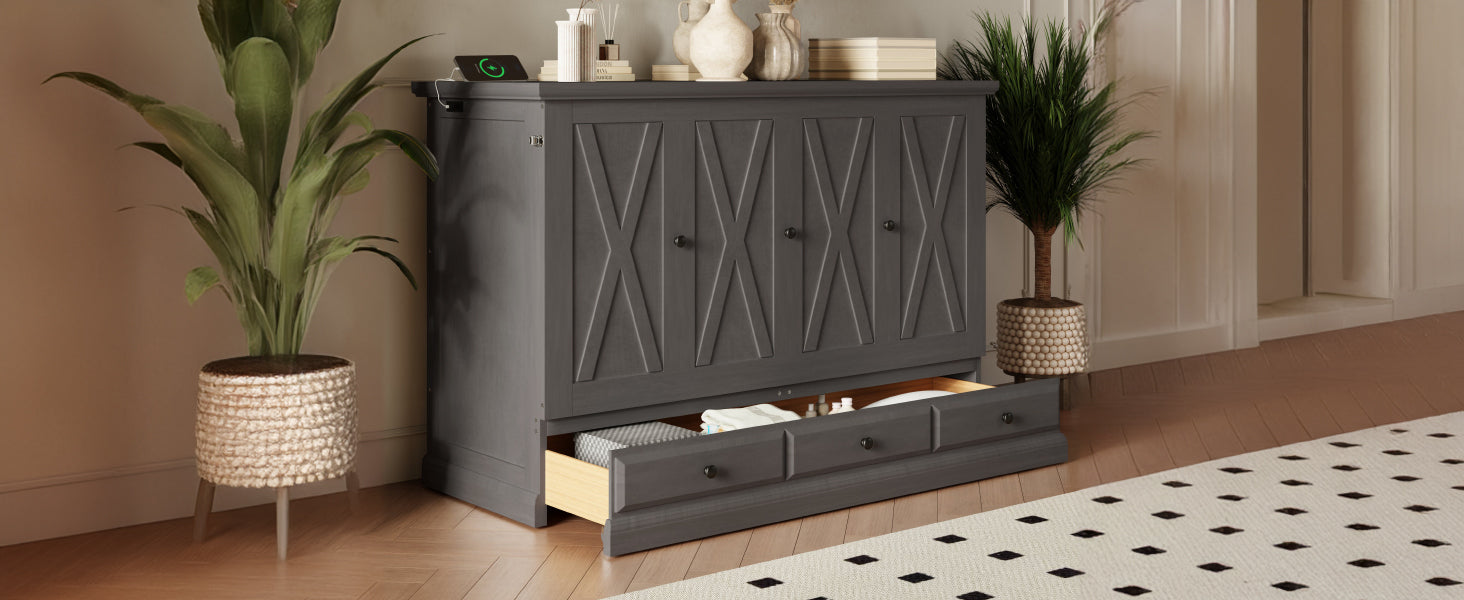 Solid Pine Murphy Bed Chest Cube Cabinet Bed With Charging Station And Large Storage Drawer For Home Office Or Small Room,Full,Gray Box Spring Not Required Full Gray Wood Gray Pine Murphy Solid Wood Mdf