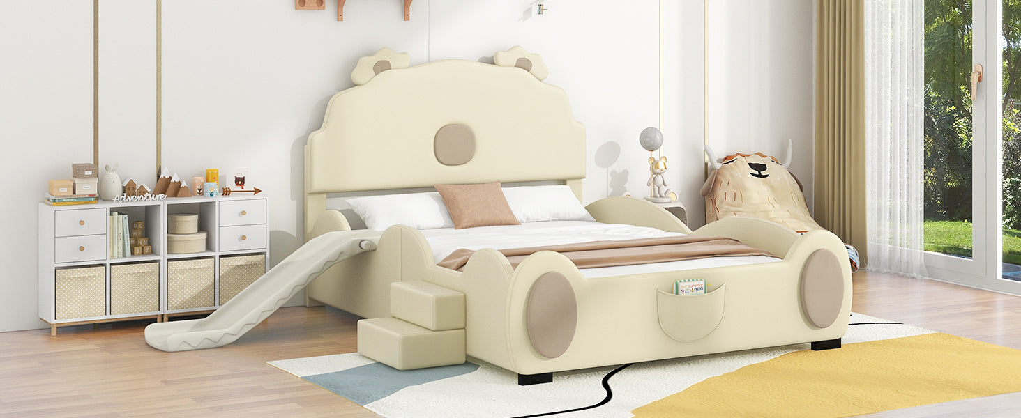 Full Size Upholstered Platform Bed With Piglet Shape Headboard And Children'S Slide, Beige Box Spring Not Required Full Beige Wood Bedroom Bed Frame Faux Leather Upholstered