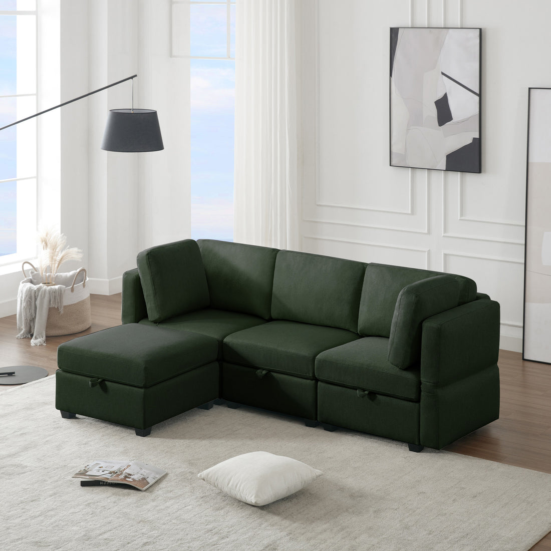 Convertible Sectional Sofa With Chaise, L Shaped Sofa Couch Modular Sectional Sofa With Storage Seats, Adjustable Arms And Backs Green Green Polyester 3 Seat
