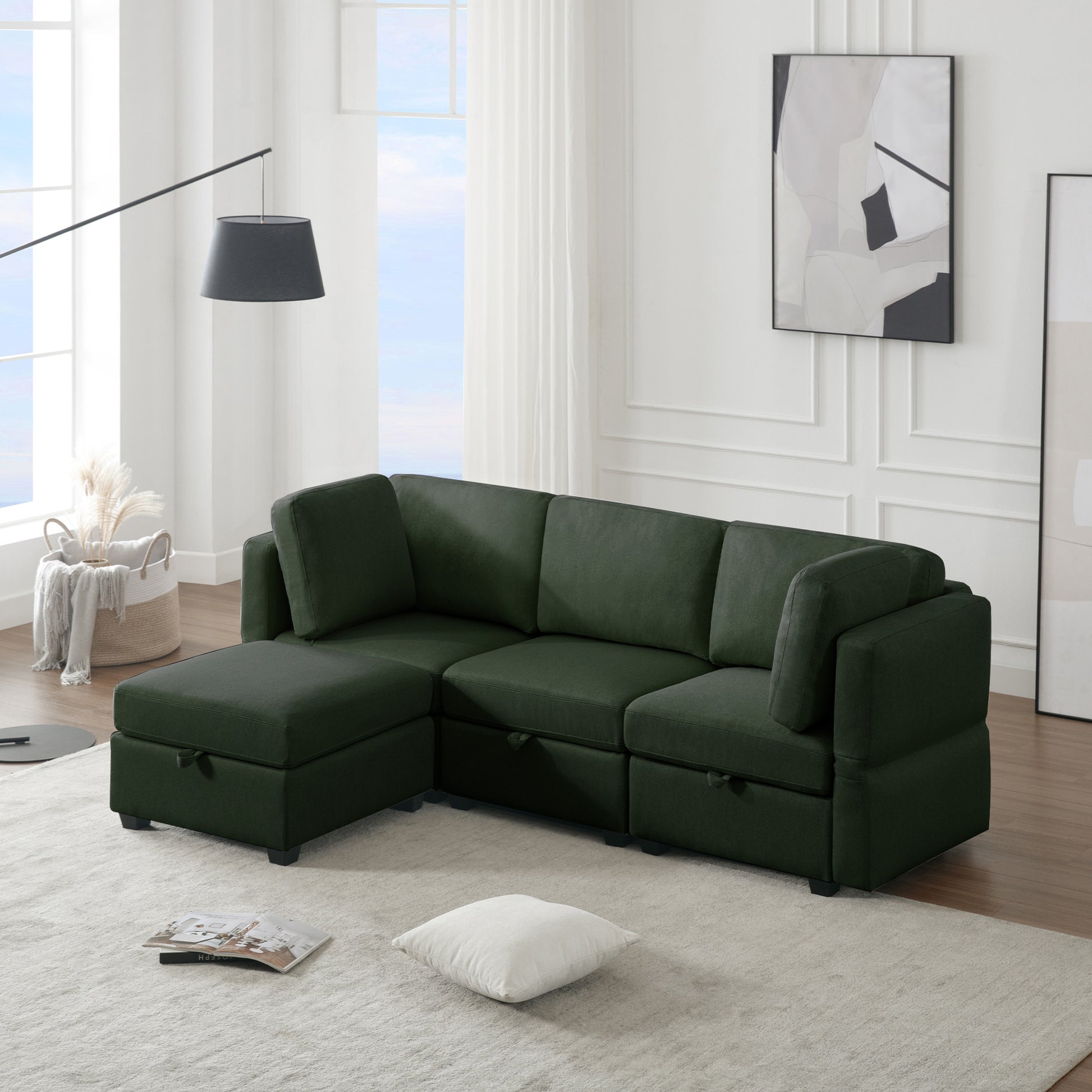 Convertible Sectional Sofa With Chaise, L Shaped Sofa Couch Modular Sectional Sofa With Storage Seats, Adjustable Arms And Backs Green Green Polyester 3 Seat