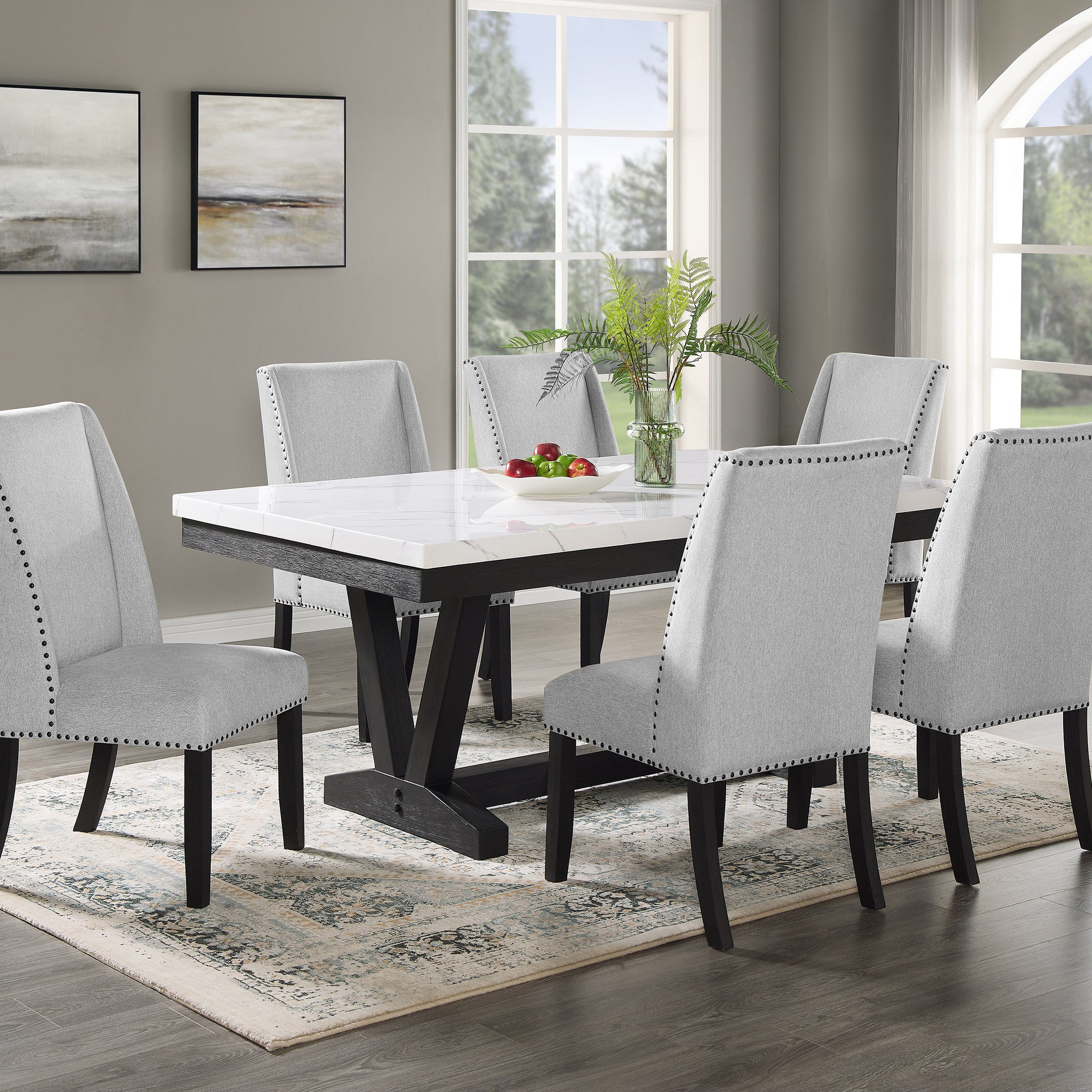 7Pc Dining Set Contemporary Style White Faux Marble Rectangular Table Top Dove Gray Upholstery Chairs Tufted Black Finish Wooden Solid Wood Dining Room Furniture Wood Wood Gray Seats 6 Wood Dining Room Contemporary,Modern,Transitional Trestle Rectangular