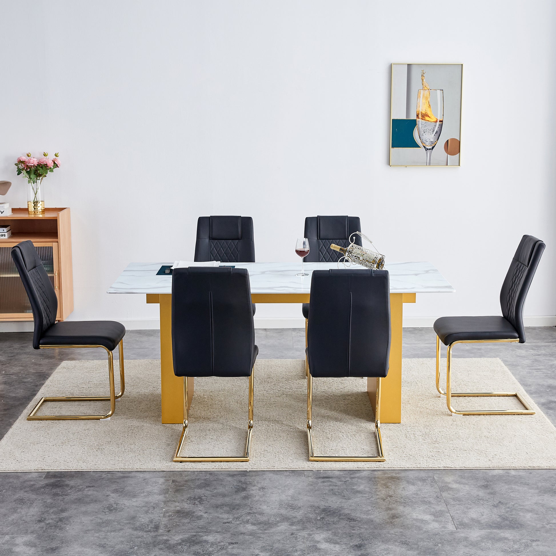 Table And Chair Set.Large Modern Rectangular Table With 0.4 Inch Patterned Glass Tabletop And Large Mdf Table Legs.Comes With 6 Chairs With Faux Leather Cushioned Seats And Golden Metal Legs. Gold White Seats 6 Mdf Glass