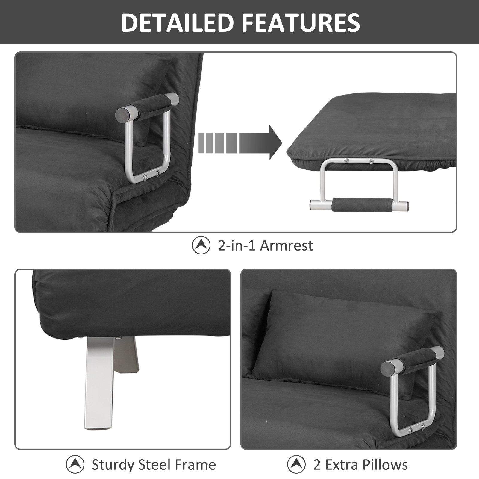 Homcom Convertible Sofa Bed Sleeper Chair, 5 Position Adjustable Backrest, Armchair Sleeper With Pillows, Leisure Chaise Lounge Couch, Gray Grey Steel 2 Seat