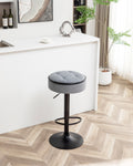 Round Storage Bar Stool Set Of 2, Grey Linen Height Adjustable Barstool, 360 Counter Height Swivel Stool, Armless Bar Chair With Metal Frame For Kitchen Counter Dining Living Room Grey Set Of 2 Foam Linen