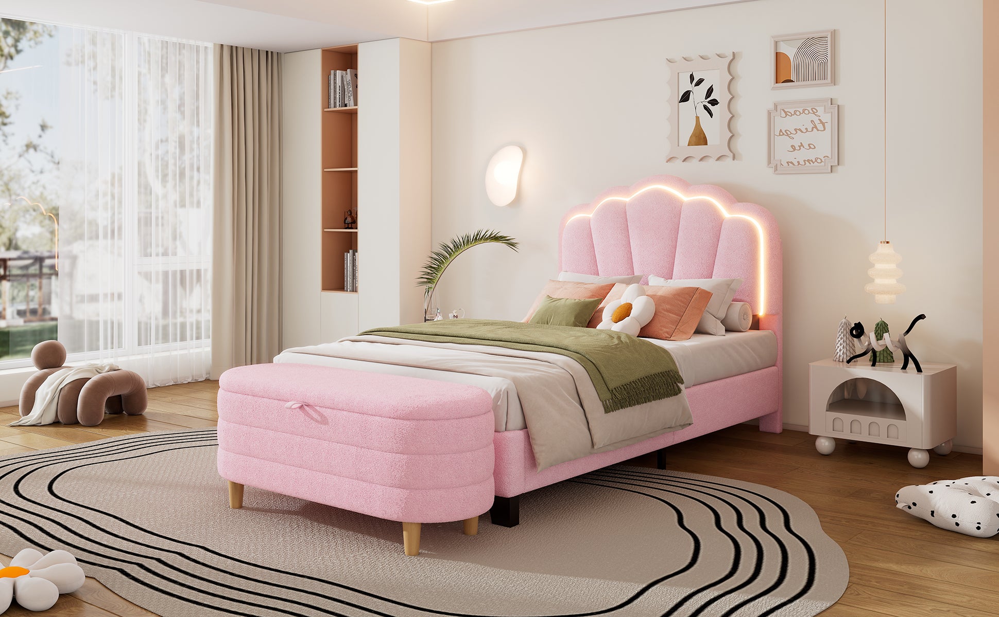 2 Pieces Bedroom Sets Twin Size Flower Shaped Upholstered Led Platform Bed With Storage Ottoman Sherpa Fabric, Pink Twin Pink 2 Piece Set Wood