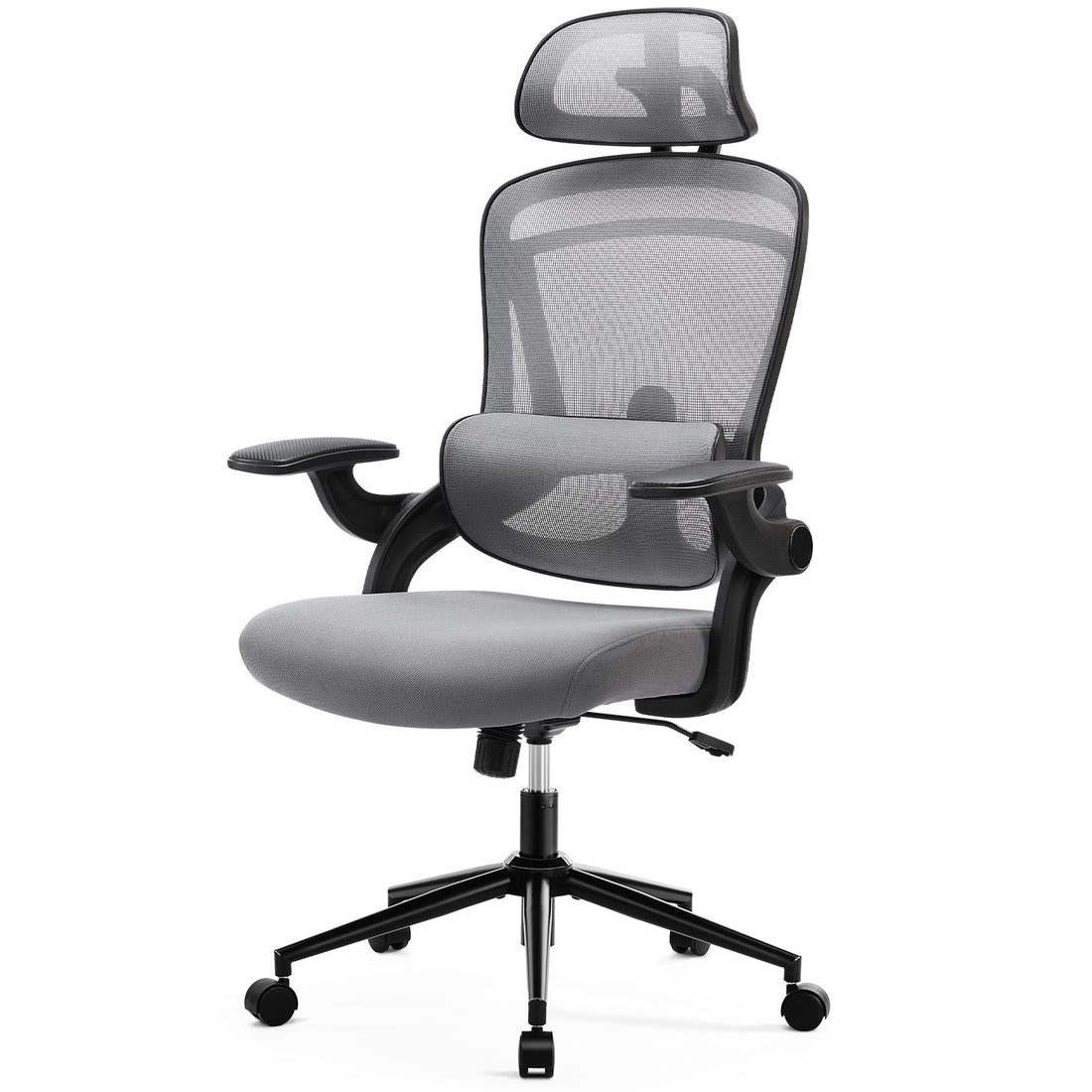 High Back Desk Chair With Adjustable Lumbar Support & Headrest,Comfortable Mesh Computer Chair With Soft Flip Up Arms, Adjustable Height And 120 Tilt,Gray Gray Abs Pc
