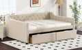Full Size Upholstered Tufted Daybed With 2 Drawers, Beige Box Spring Not Required Full Beige Wood Daybeds Velvet Upholstered