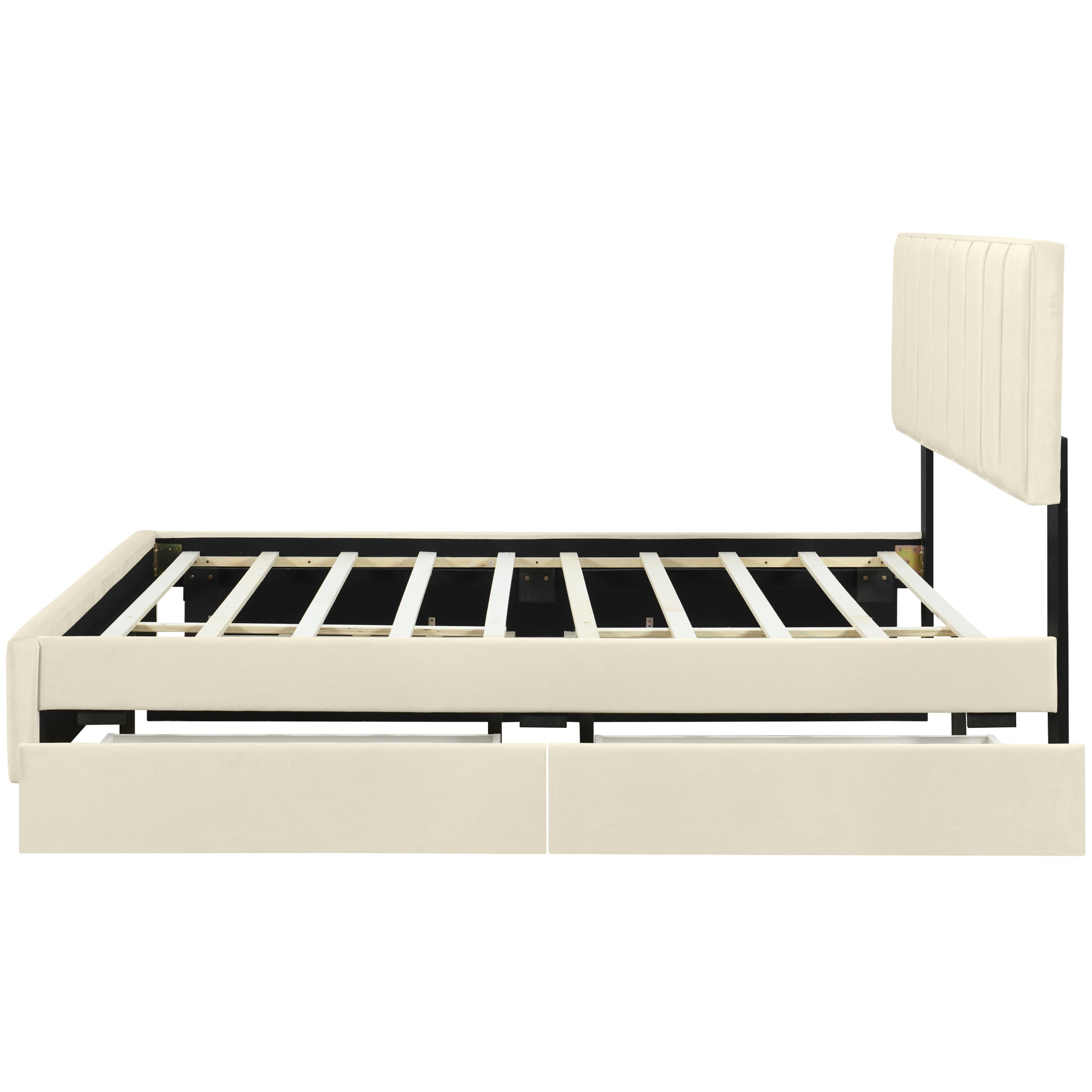 Queen Size Upholstered Platform Bed With 2 Drawers And 1 Trundle, Classic Metal Strip Headboard Design, Beige Queen Beige Mdf Lvl