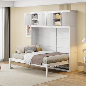 Full Size Murphy Bed Wall Bed With Top Cabinets,White Full White Plywood