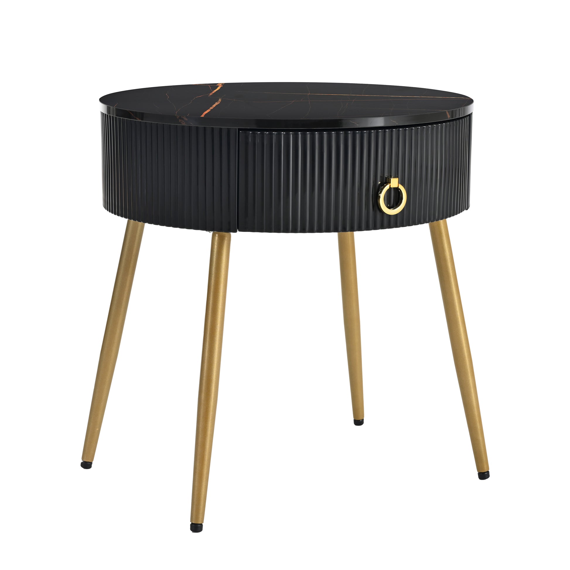 19.6'' Easy Assembly End Tables With High Gloss Faux Marble Tabletops, Set Of 2, Modern Fluted 2 Side Tables With Drawers, Round Coffee Tables With Golden Legs For Living Room, Black Black Gold Primary Living Space Drawers Round Mdf Iron