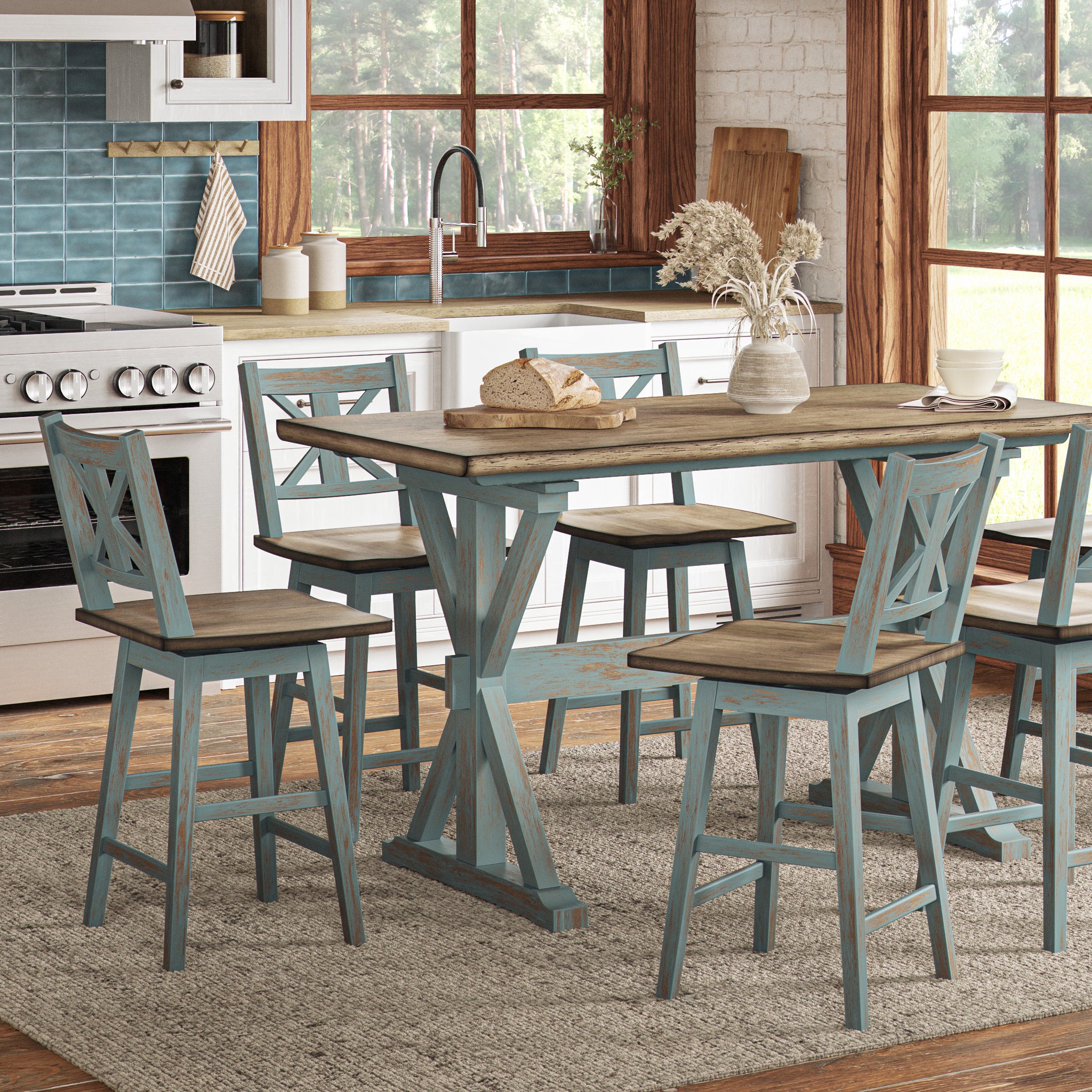 X Based Counter Height Casual Dining Table Aqua Blue Solid Wood Mdf