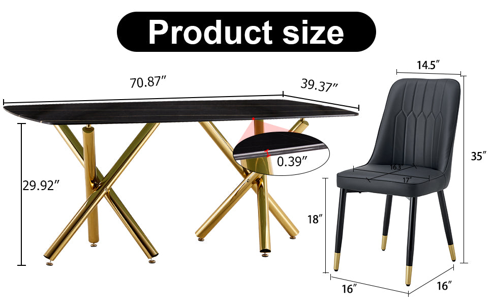Large Modern Minimalist Rectangular Dining Table With 0.39 "Imitation Marble Black Desktop And Gold Metal Legs, Paired With 8 Chairs With Pu Cushions And Black Metal Legs.F 1538 C 007 Black Gold Glass Metal