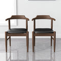 Leon Mid Century Modern Leather Dining Chair Set Of 2 Black,Wood Brown Dining Room Genuine Leather,Solid Wood