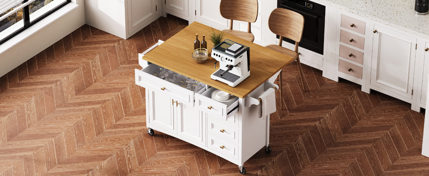 K&K 52'' Kitchen Island With Drop Leaf, Embossed Texture Kitchen Island On Wheels With Spice Rack, Towel Rack, 2 Doors And 5 Drawers, Kitchen Storage Cart With Adjustable Shelf For Kitchen, White