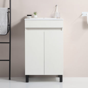 20 "White Bathroom Cabinet Black Tripod With Ceramic Sink White Solid Wood