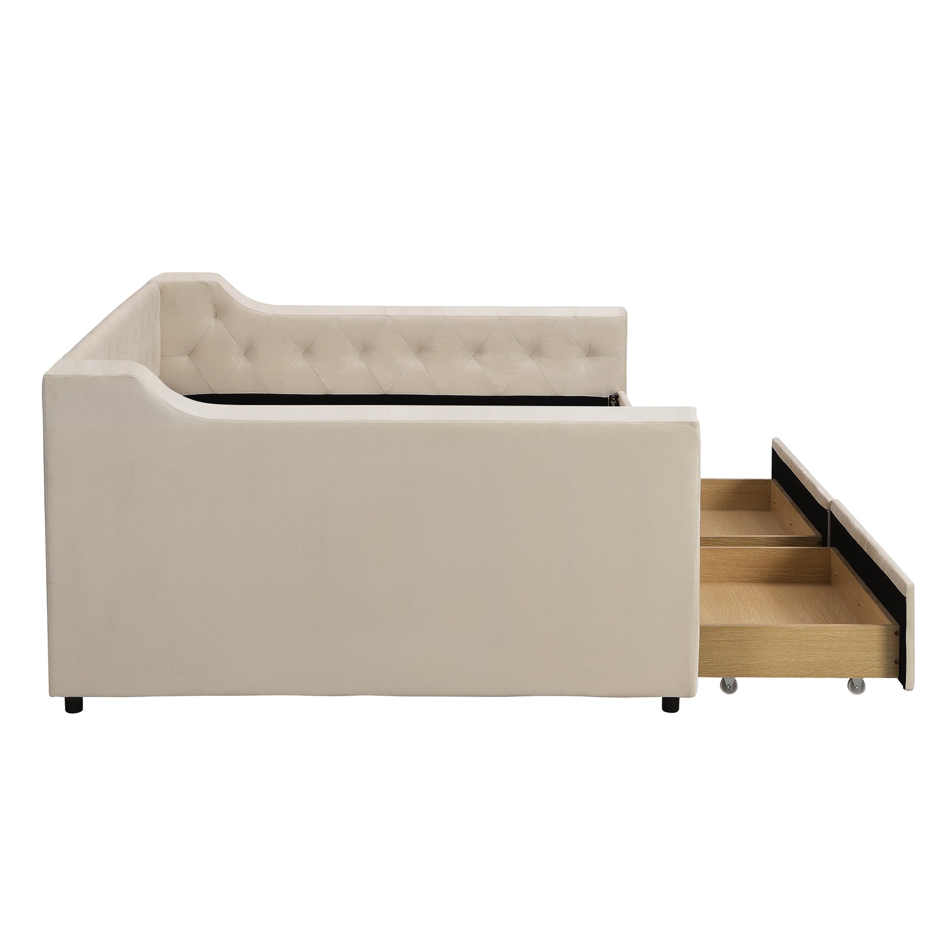 Full Size Upholstered Tufted Daybed With 2 Drawers, Beige Box Spring Not Required Full Beige Wood Daybeds Velvet Upholstered