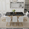 Table And Chair Set.The Table Has A Glass Tabletop With Imitation Marble Pattern Stickers And Stainless Steel Golden Table Legs. Paried With Comfortable Chairs With Pu Seats And Metal Legs. Gold Black Seats 8 Glass Metal