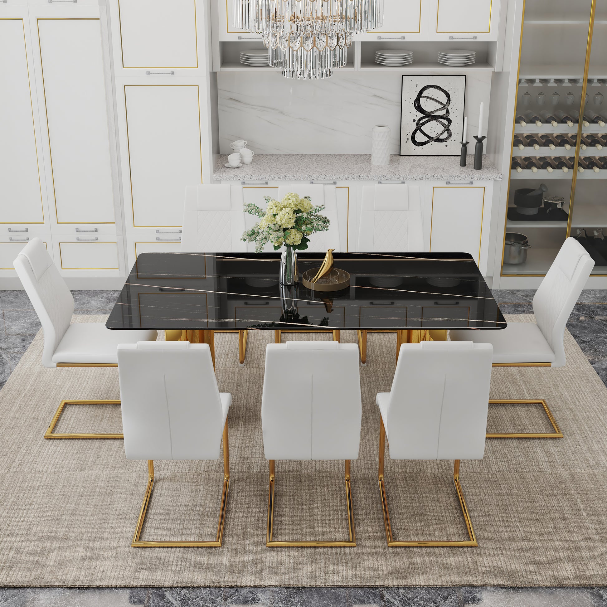 Table And Chair Set.The Table Has A Glass Tabletop With Imitation Marble Pattern Stickers And Stainless Steel Golden Table Legs. Paried With Comfortable Chairs With Pu Seats And Metal Legs. Gold Black Seats 8 Glass Metal