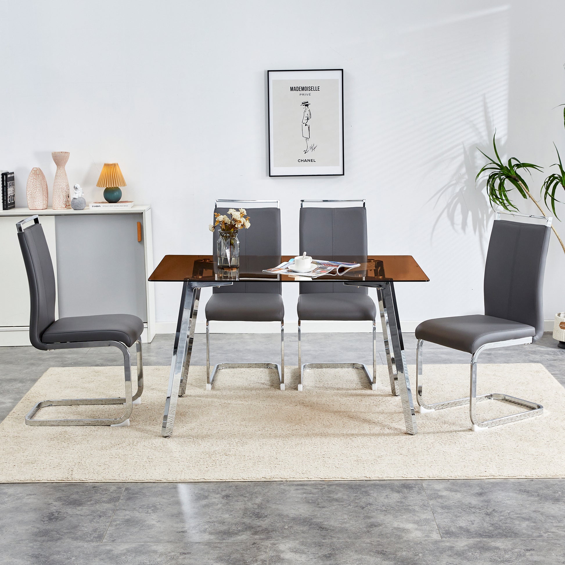 1 Table And 4 Chairs, Brown Tempered Glass Tabletop And Silver Metal Legs, Modern Minimalist Style Rectangular Glass Dining Table, Paired With 4 Modern Silver Metal Leg Chairs. 1123C 1162 Brown Seats 4 Glass