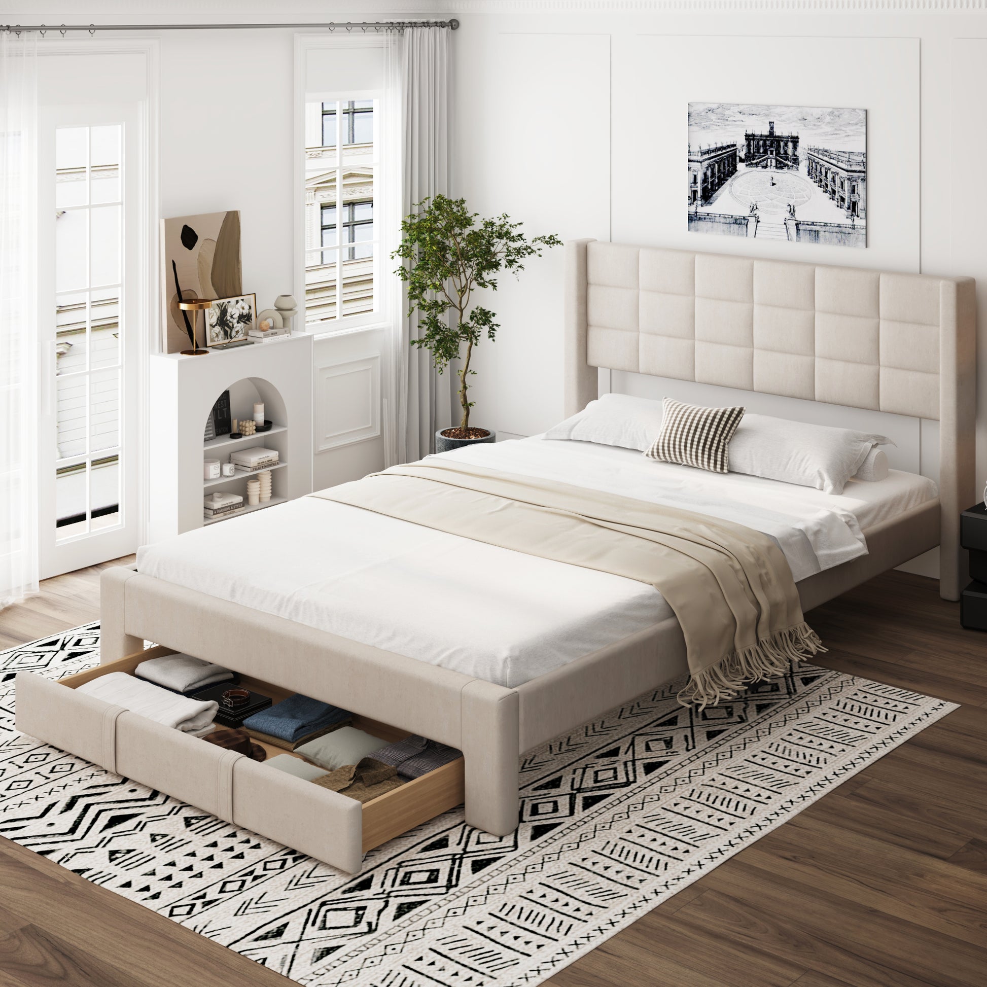 Queen Size Upholstered Platform Bed With A Big Drawer, Beige Box Spring Not Required Queen Beige Wood Bedroom Bed Frame Polyester Upholstered