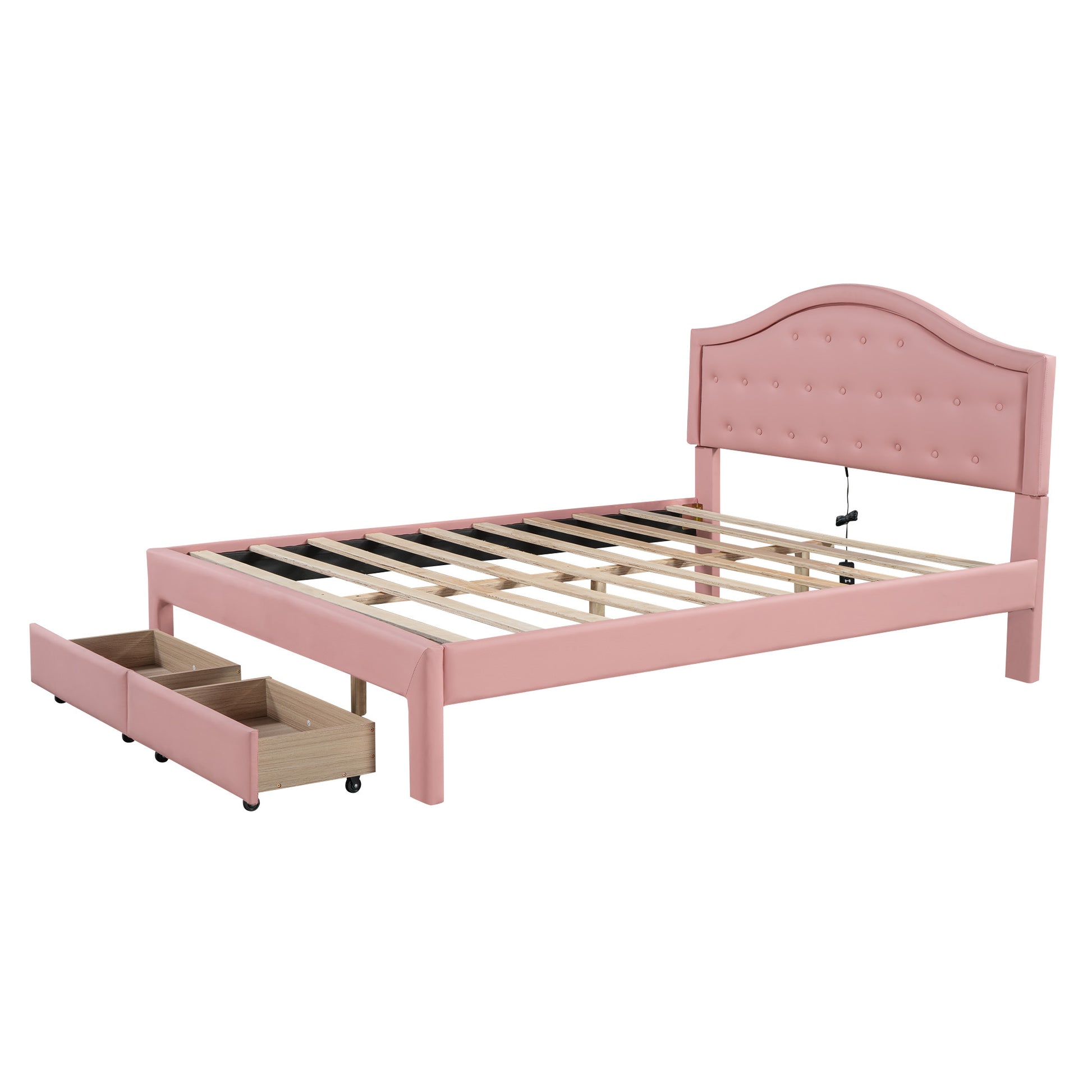 Queen Size Upholstered Platform Bed With Tufted Headboard, Led And 2 Drawers, Pink Box Spring Not Required Queen Pink Wood Bathroom Bed Frame Faux Leather Upholstered