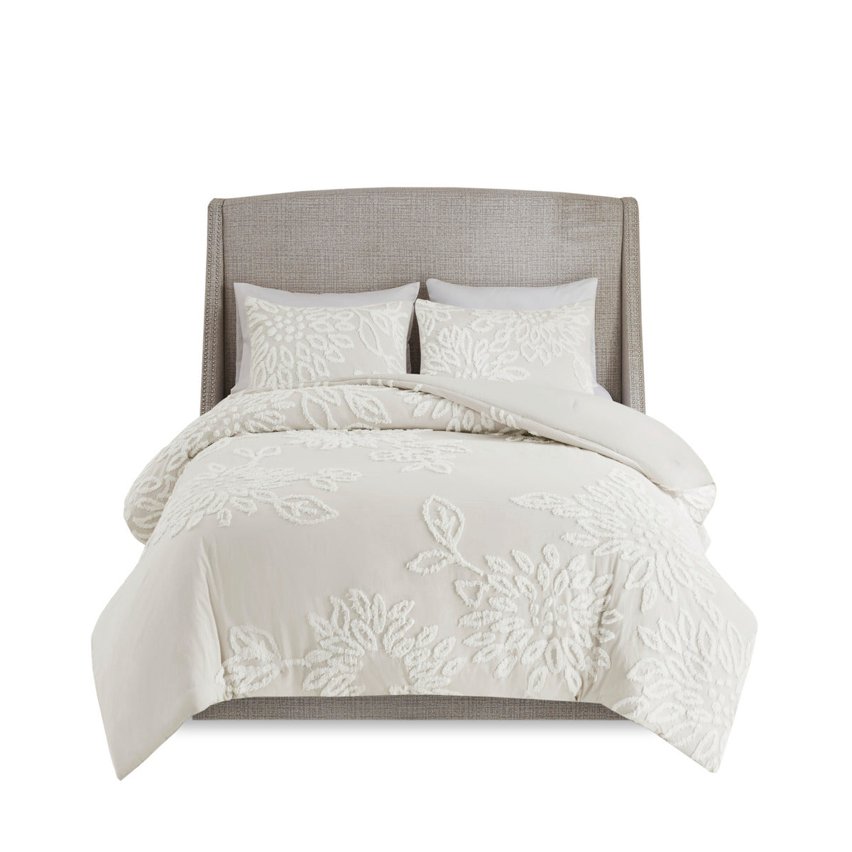 3 Piece Tufted Cotton Chenille Floral Comforter Set Off White Full Queen Full Off White Cotton