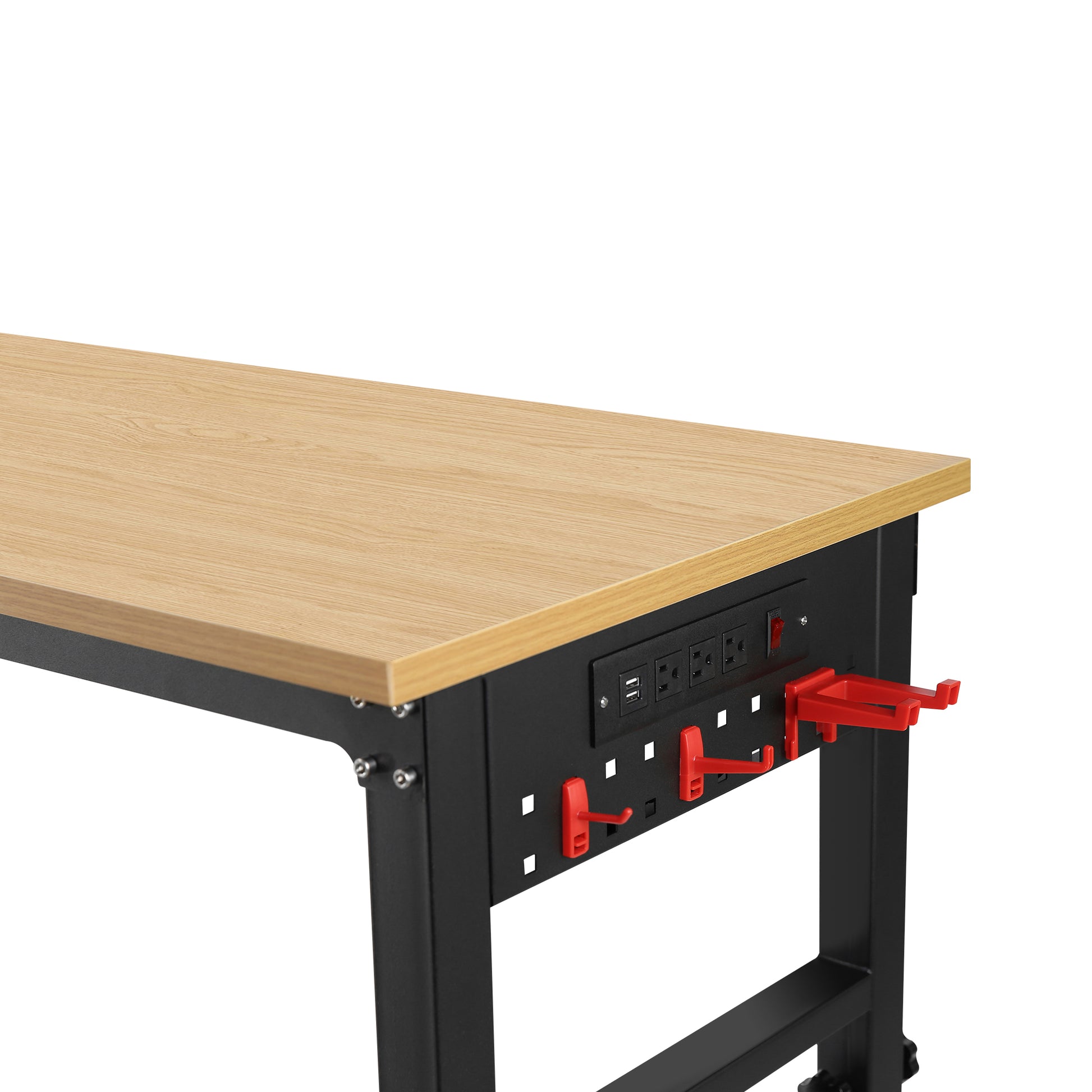 72" 24'' Adjustable Workbench, Rolling Heavy Duty Worktable With Power Outlet And Wheels, Large Load Capacity Rubber Wood Top Workbench For Garage, Office, Workshop, Home, Easy Assembly Black Steel