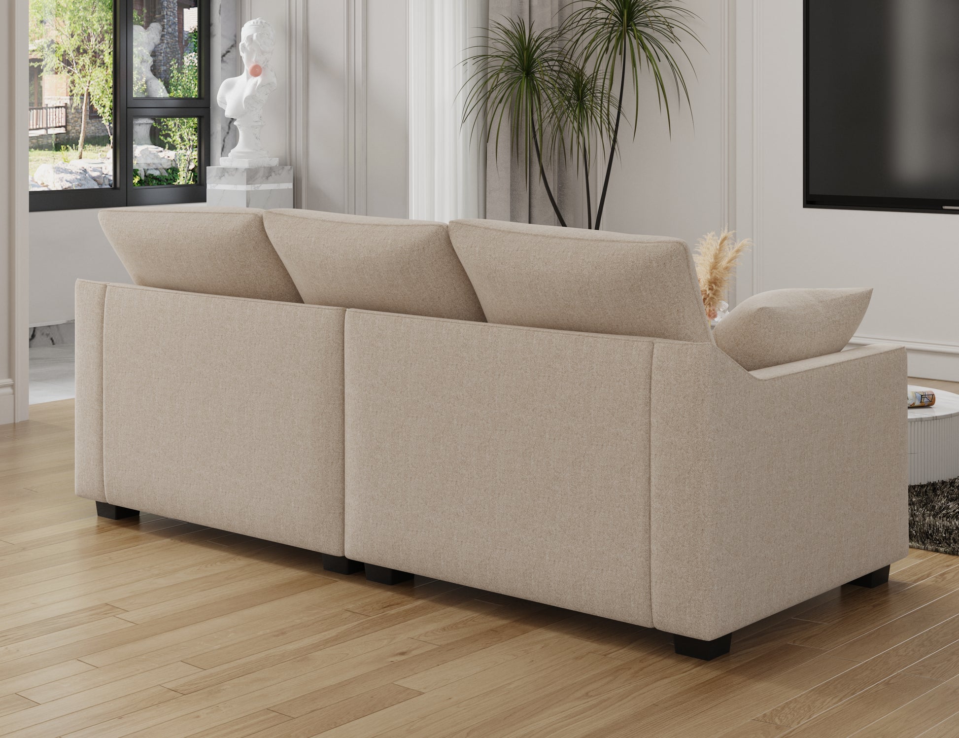 78.7" Sofa Couch 3 Seater Sofa With Pillows Polyester Upholstery Duck Down Filled Cushion Sofa For Living Room Apartment,Beige Beige Polyester Wood Primary Living Space Soft Cushion Back Foam Polyester 3 Seat