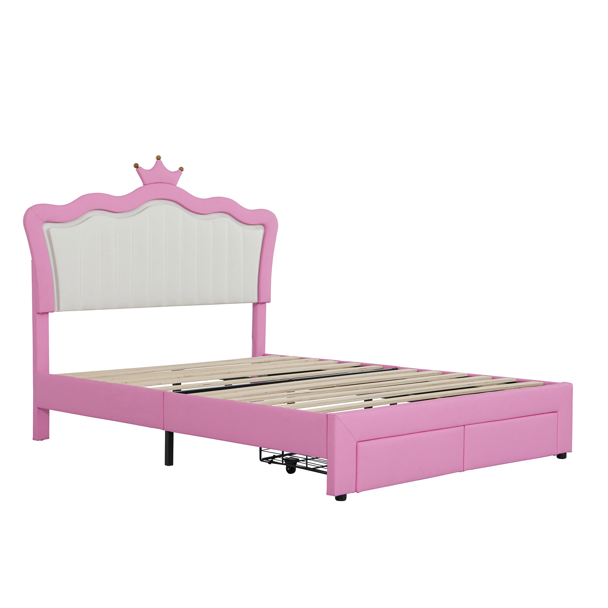Full Size Upholstered Bed Frame With Led Lights, Modern Upholstered Princess Bed With Crown Headboard, 2 Drawers, Pink White Box Spring Not Required Full Pink White Wood Bathroom Modern Bed Frame Pu