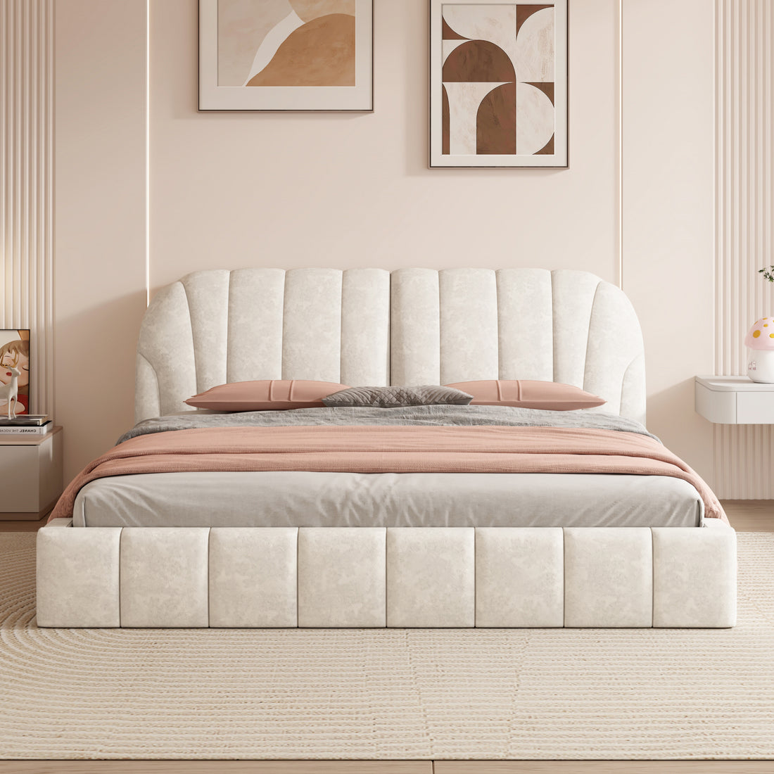 Queen Size Upholstered Platform Bed With Thick Fabric, Polyester, Beige Queen Beige Polyester