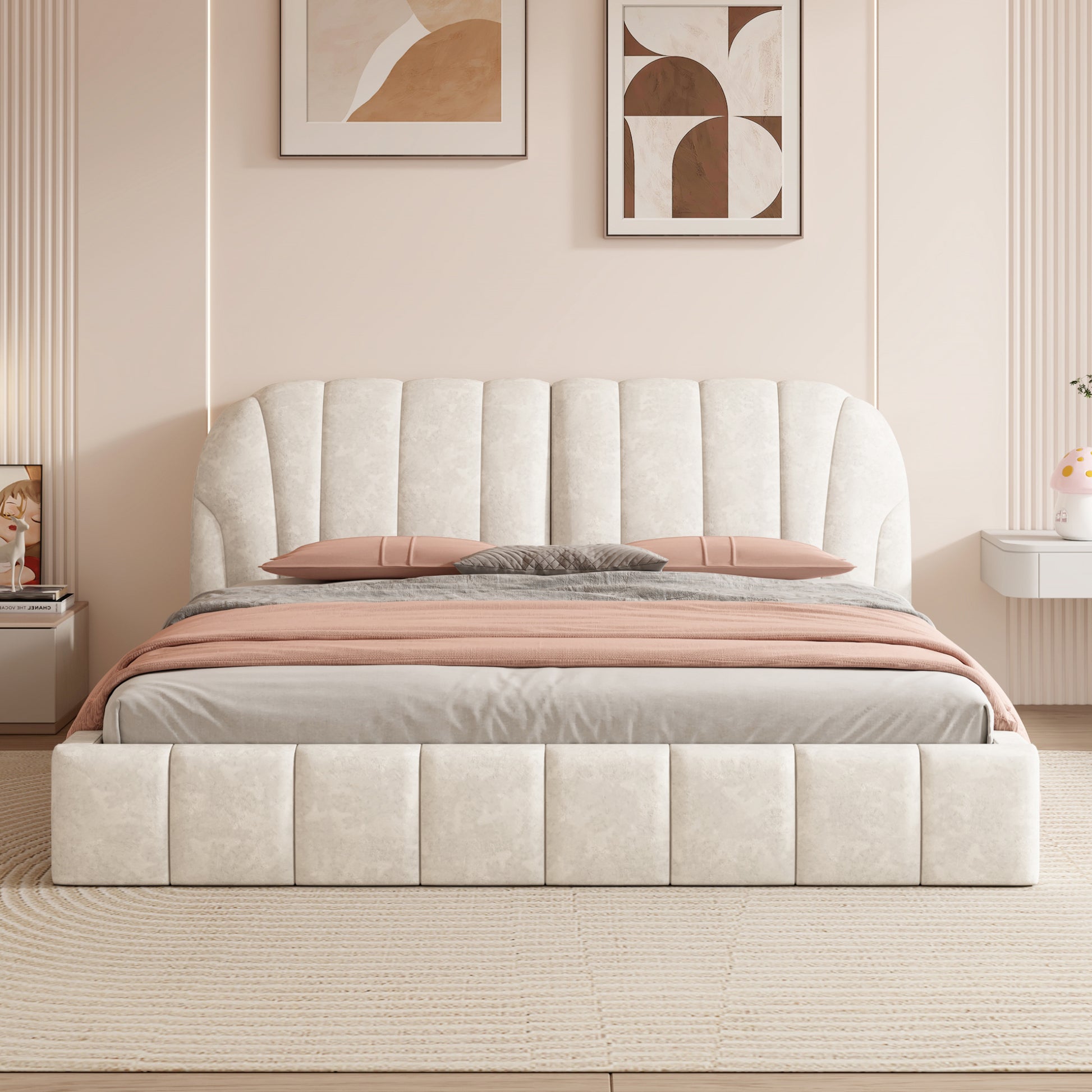 Queen Size Upholstered Platform Bed With Thick Fabric, Polyester, Beige Queen Beige Polyester