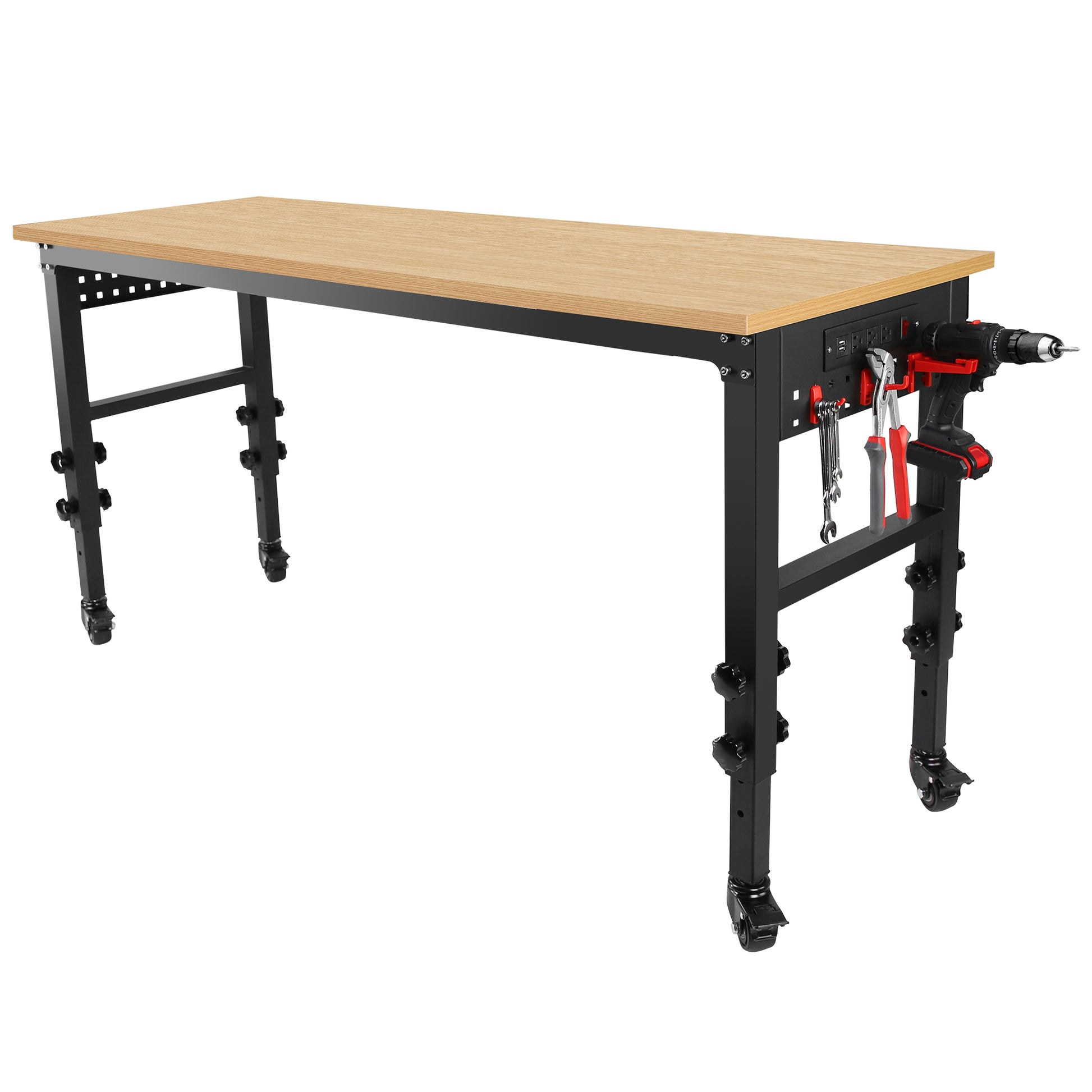 72" 24'' Adjustable Workbench, Rolling Heavy Duty Worktable With Power Outlet And Wheels, Large Load Capacity Rubber Wood Top Workbench For Garage, Office, Workshop, Home, Easy Assembly Black Steel