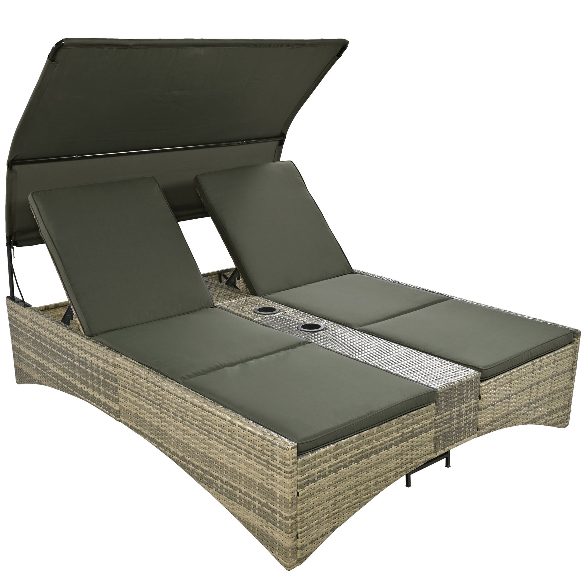 Patio Daybed Outdoor Daybed Outdoor Rattan Sun Lounger With Shelter Roof With Adjustable Backrest, Storage Box And 2 Cup Holders For Patio, Balcony, Poolside,Grey Yes Grey Seats 2 Water Resistant Frame Water Resistant Cushion Garden & Outdoor Sectional
