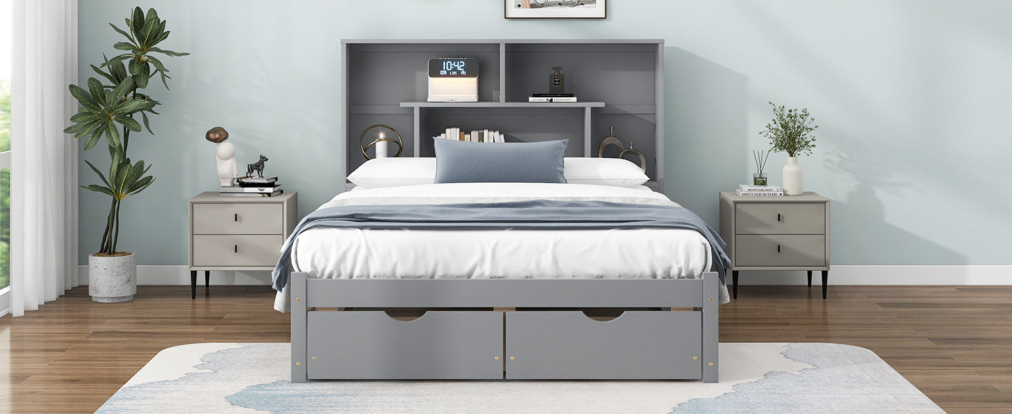 Full Size Platform Bed With Storage Headboard And 2 Drawers, Gray Box Spring Not Required Full Gray Wood Bedroom Bed Frame Solid Wood Mdf