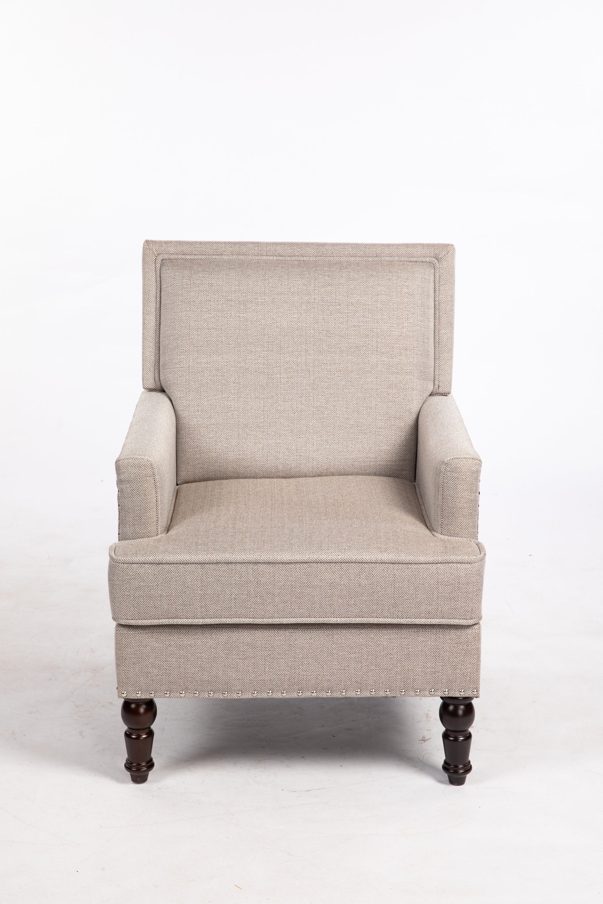 Upholstered Accent Chair, Vintage Armchair With Blue And White Striped Linen Fabric And Trim For Living Room Grey Cotton