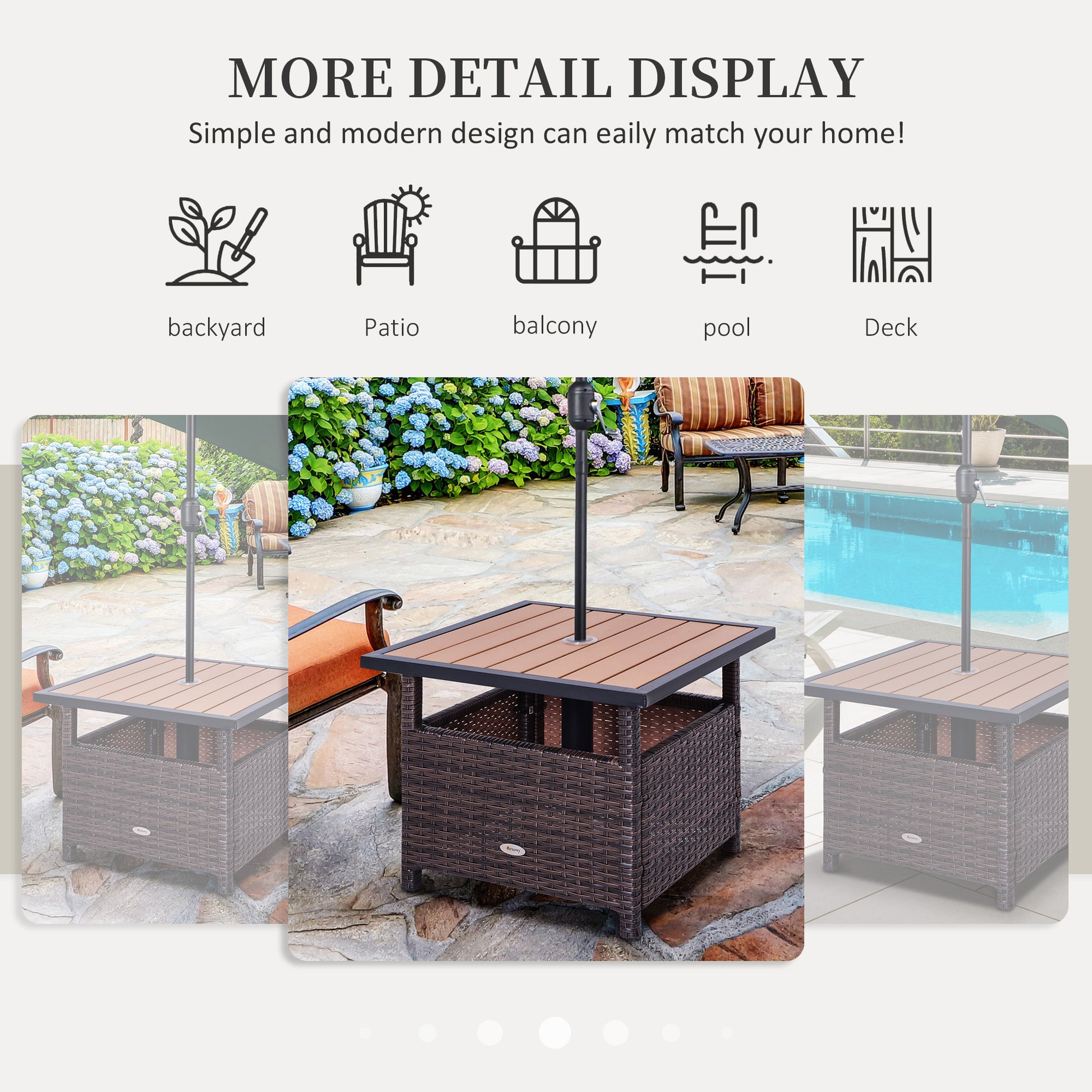 Outsunny 22'' Rattan Wicker Side Table With Steel Frame, Umbrella Insert Hole, Sand Bag For Outdoor, Patio, Garden, Backyard, Brown Brown Rattan