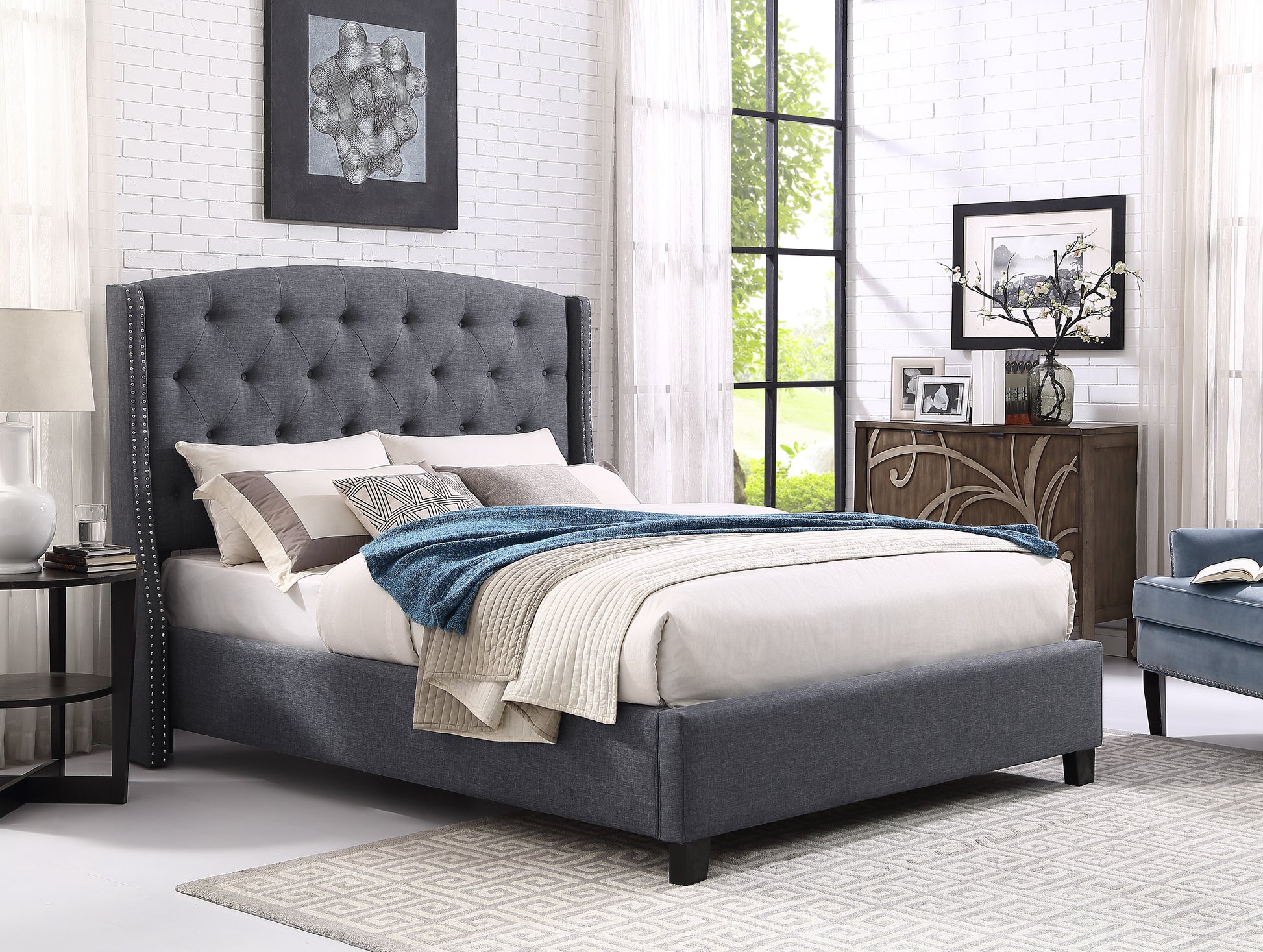 Nantarre Fabric Button Tufted Wingback Upholstered Bed With Nail Head Trim, Gray Box Spring Required Queen Gray Gray Wood Bedroom Contemporary Bed Frame Wood Polyester Engineered Wood