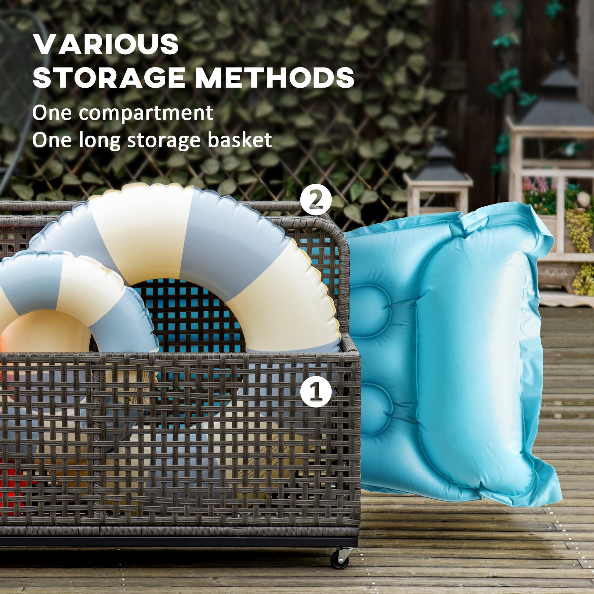 Outsunny Patio Wicker Pool Float Storage With Wheels, Outdoor Rolling Pe Rattan Pool Caddy, Includes Compartment And Basket, For Pool, Garden, Deck, Light Gray Gray Steel