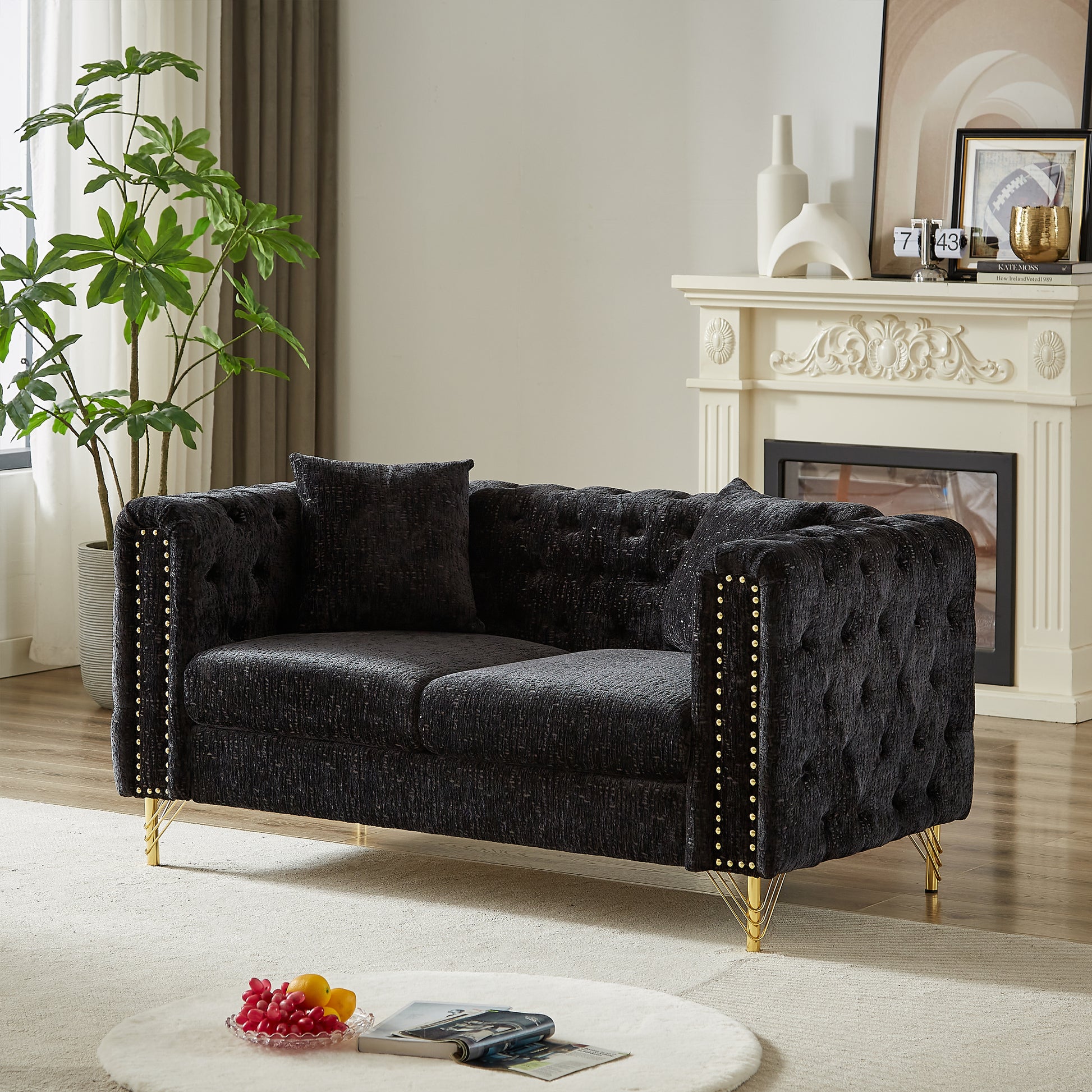 60 Inch Chenille Pull Buckle Design Sofa For Living Room,Buttons Tufted With Copper Nail Decoration Armrest, Modern Couch Upholstered Button And Metal Legs Black Foam Chenille 2 Seat