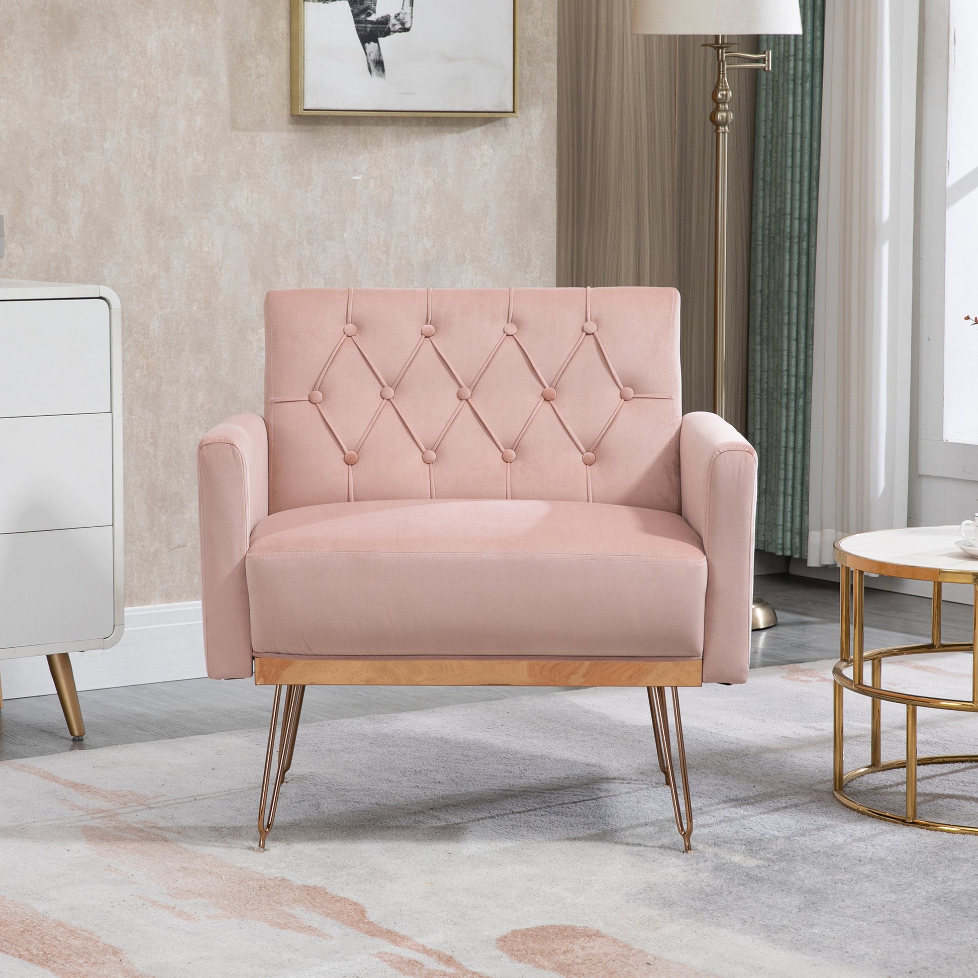 Coolmore Velvet Armchair Single Sofa Modern Tufted Upholstered Side Reading Chairs With Arm And Gold Metal Leg For Living Room Bedroom Pink Pink Foam Velvet