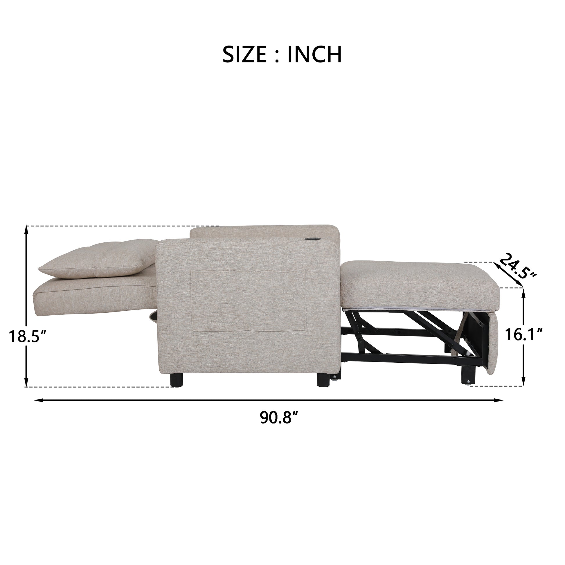Sleeper Chair 3 In 1 Convertible Chair Bed Pull Out Sleeper Chair Beds Adjustable Single Armchair Sofa Bed With Usb Ports, Side Pocket, Linen Beige Beige Linen Manual Handle Metal Primary Living Space Medium Soft Handle Pine Square Arms Foam Linen