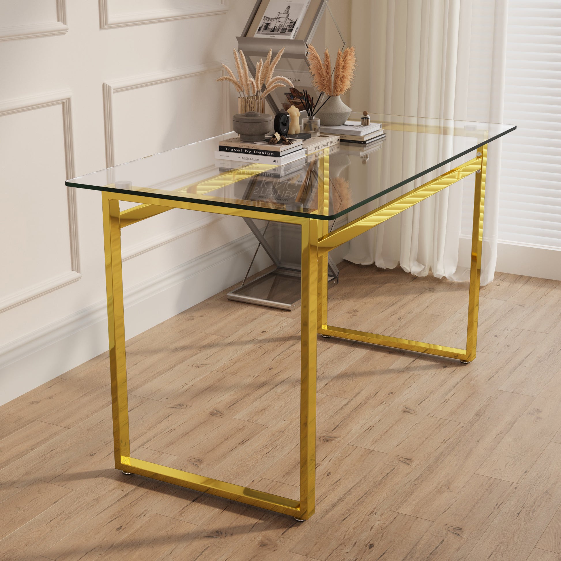 Modern Minimalist Rectangular Glass Dining Table For 4 6 With 0.31" Tempered Glass Tabletop And Golden Chrome Metal Legs, Writing Table Desk, For Kitchen Dining Living Room, 51" W X 27"D X 30" H Transparent Glass Glass