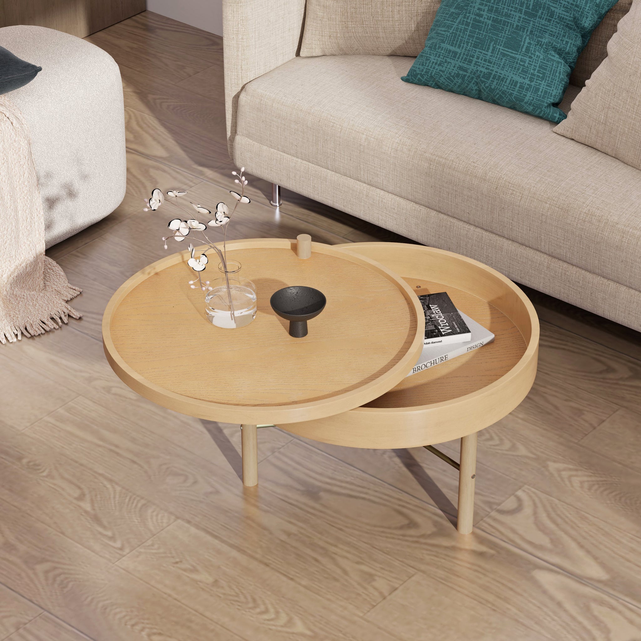Modern Round Wood Rotating Tray Coffee Table With Storage & Metal Legs In Natural Natural Metal,Rubber Wood