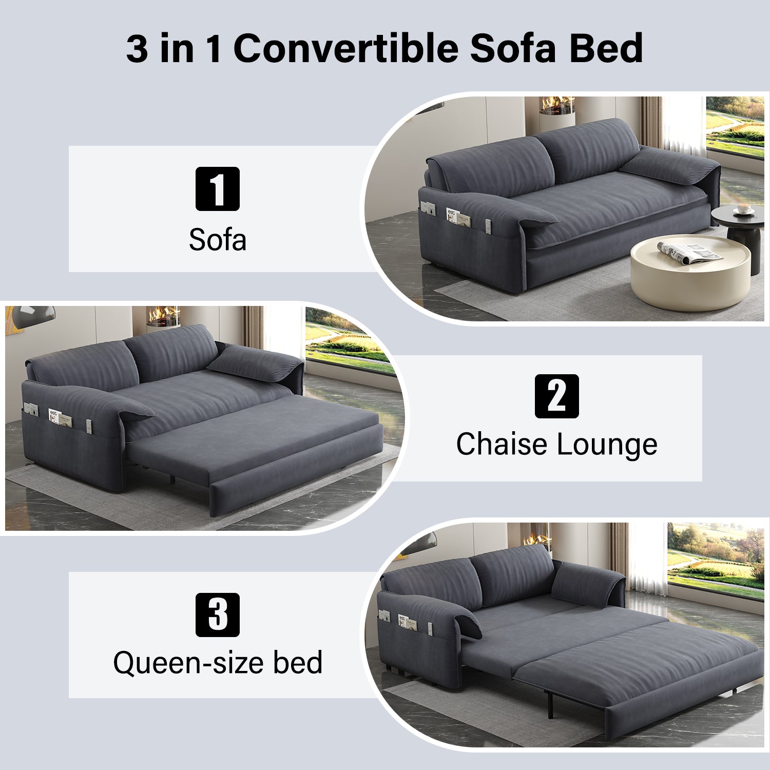 63.8" Queen Pull Out Sofa Bed, 3 In 1 Convertible Sleeper Sofa With Side Storage,Multi Functional Velvet Loveseat Bed For Living Room,Bedroom,Apartment,Office,Grey Old Sku:W1885122052 W1885P154639