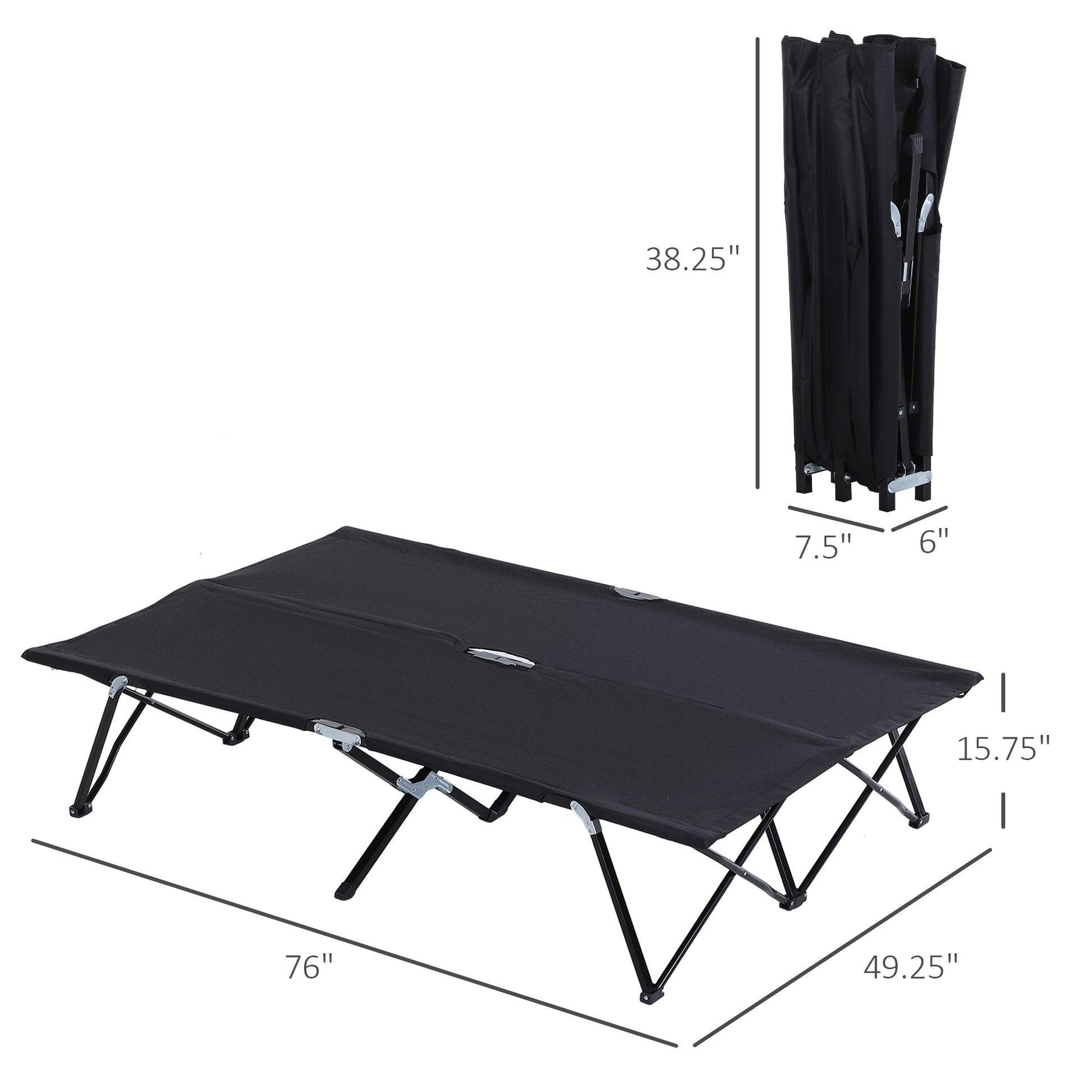 Outsunny 2 Person Folding Camping Cot For Adults, 50" Extra Wide Outdoor Portable Sleeping Cot With Carry Bag, Elevated Camping Bed, Beach Hiking, Black Black Steel