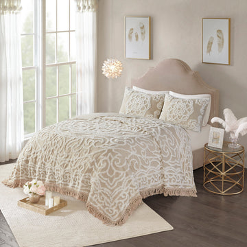 Tufted Cotton Chenille Medallion Fringe Coverlet Mini Set Taupe Full Queen Full Taupe Cotton