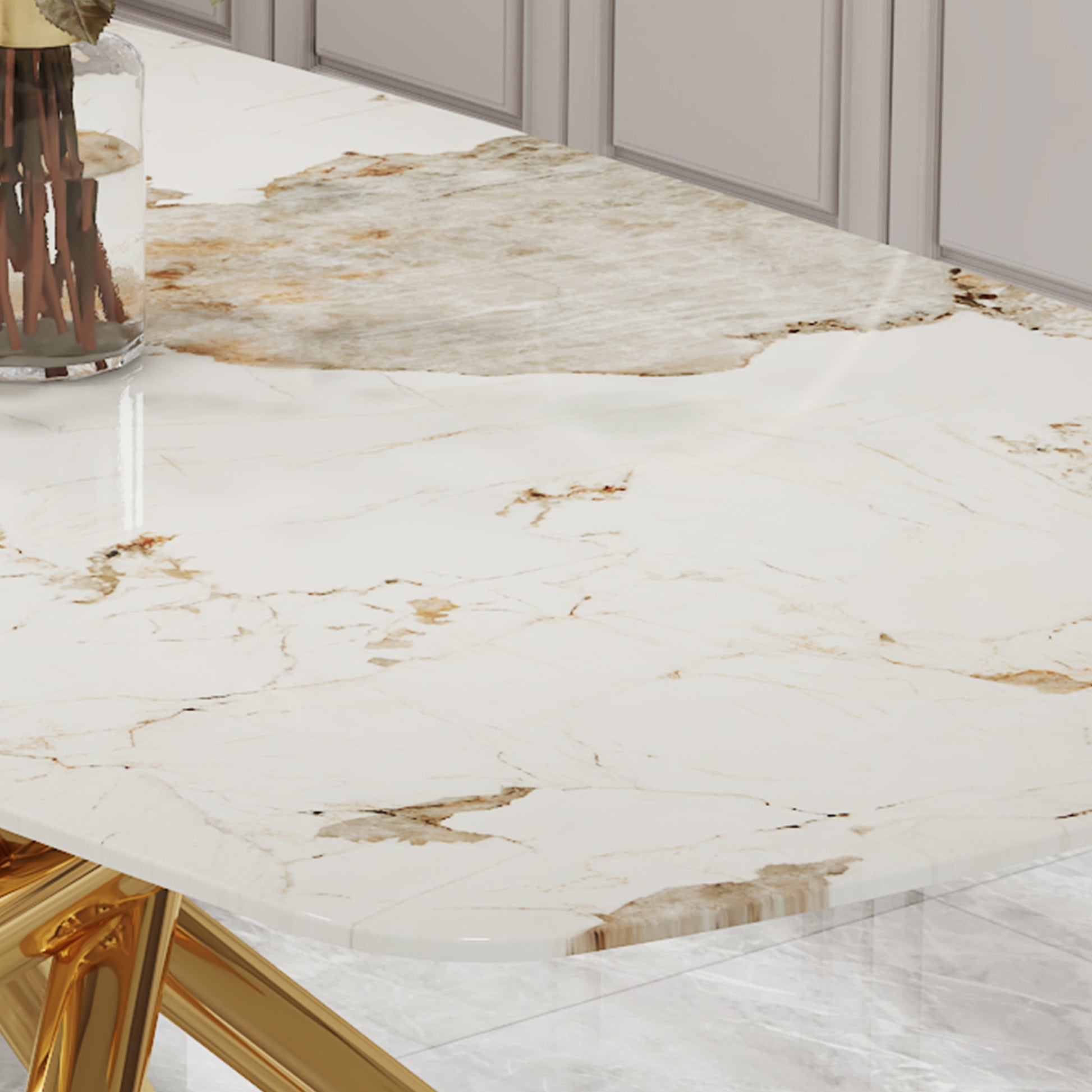 Large Modern Minimalist Rectangular Dining Table With 0.39 "Imitation Marble Tabletop And Golden Metal Legs, Suitable For Kitchen, Dining Room, Living Room, Conference Room, W1151S00987 Gold Glass Metal